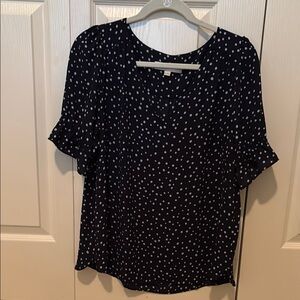 Polka Dot Top - Navy and White, back yoke pleated, elastic short sleeves.